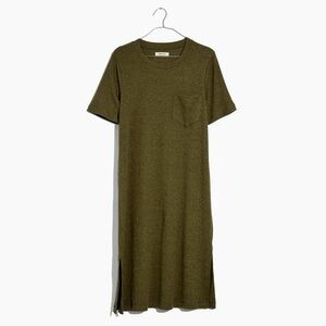Madewell Ribbed Pocket Short Sleeve T-Shirt Midi Dress, Olive Green, Size Medium